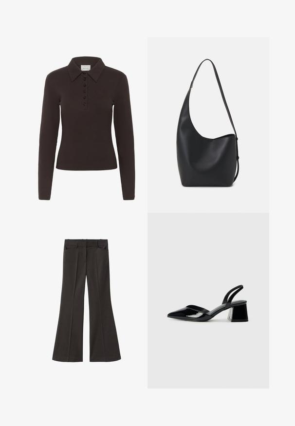 Temno rjav polo s dolgimi rokavi s šestimi črnimi gumbi in majhnim izvezenim logotipom na levem prsnem delu.; Črne razširjene hlače z visokim pasom; vključujejo dva sprednja žepa in gladko teksturo tkanine. Primerne za različne priložnosti.; Črne lakirane slingback pete s koničastim nosom in geometrijsko blokasto peto. Imajo eleganten, minimalističen dizajn in gladko teksturo.; Črna usnjena hobo torba z gladko teksturo, ukrivljeno obliko in eno nastavljivo naramnico; ima širok odprtina na vrhu.