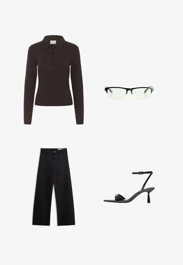Sötétbarna, hosszú ujjú pólóing, hat fekete gombbal és egy kis hímzett logóval a bal mellrészen.; Fekete, bő szabású farmernadrág magas derékkal, elülső és hátsó zsebekkel, varrott felületekkel és gombos záródással. Sima textúra.; Bershka Magas sarkú szandálok - black; Fekete téglalap alakú szemüveg, tiszta lencsékkel, elegáns fekete kerettel és szürke áttetsző szárakkal. Minimalista dizájn, látható márkajelzés nélkül.; Barna bőr vászontáska sima textúrával, nyitott tetejű dizájnnal és két vállpánttal. Minimális varrással és látható hardver nélkül készült.