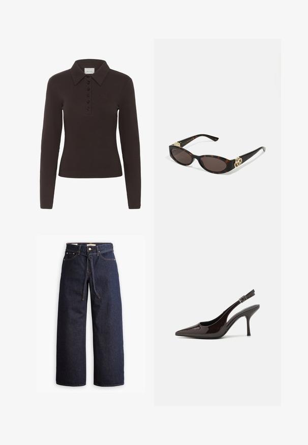 Tummanruskea pitkähihainen polo-paita, jossa on kuusi mustaa nappia ja pieni brodeerattu logo vasemmassa rinnassa.; Korkeavyötäröiset tummansiniset leveälahkeiset farkut, joissa on narunauhakuja, viisi taskua ja kontrastiväriset ompeluseikat.; Korkokenkät tummanruskeasta kiiltävästä patenttinnahasta, teräväkärkiset, avoimet sivut ja säädettävä nilkkaremmi.; Silmärilakkiset tortoiseshell-aurinkolasit, joissa on pitkänomaiset ovaalit linssit, ruskea sävy, kultaiset logo-koristeet temppeleissä ja sulavalinjaiset mustat varret.; Ruskea, kuviollinen käsilaukku, jossa on teksturoitu kangas, ruskea nahkahihna ja kultainen logo yksityiskohtana vaaleanbeigen taustan päällä. Kaareva, jämäkkä muoto.