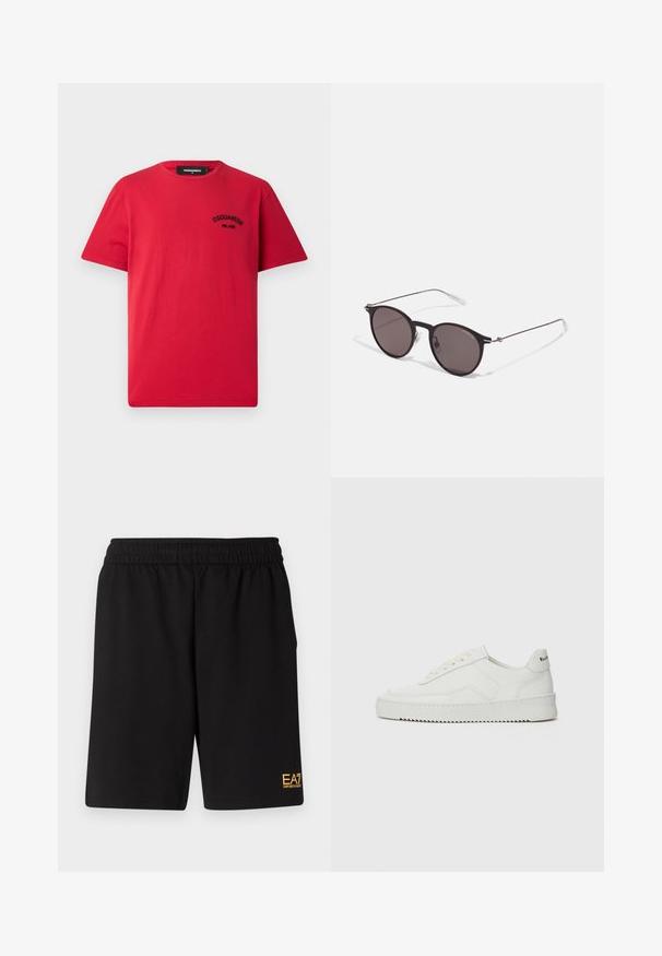 Red cotton T-shirt featuring short sleeves, a round neckline, and a black embroidered logo on the left chest. Simple and solid design.; Black athletic shorts made of soft fabric,Featuring an elastic waistband and a small yellow EA7 logo on the lower left leg.; White leather sneaker with a smooth finish, round toe, flat laces, and a textured sole. Features a subtle logo on the heel.; Black round sunglasses with dark lenses and slim metal arms. Includes clear temple tips and silver accents at the hinge. Minimalist design.