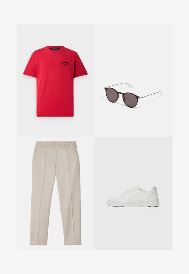 T-shirt in cotone rosso con maniche corte, scollo rotondo e un logo ricamato nero sul lato sinistro del petto. Design semplice e compatto.; Filippa K TERRY CROPPED TROUSERS - Pantaloni - sage melange; Sneaker in pelle bianca con una finitura liscia, punta rotonda, lacci piatti e suola testurizzata. Presenta un logo discreto sul tallone.; Occhiali da sole neri rotondi con lenti scure e sottili bracci in metallo. Include punte trasparenti e accenti argentati alla cerniera. Design minimalista.