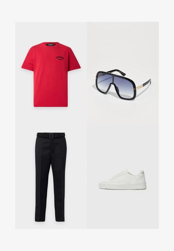 Rode katoenen T-shirt met korte mouwen, een ronde halslijn en een zwart geborduurd logo op de linkerborst. Eenvoudig en strak ontwerp.; Zwarte op maat gemaakte broek van gladde stof met een rechte snit en een ceintuur met een rechthoekige gesp. Opvallende voorvouwen accentueren het ontwerp.; Witte leren sneaker met een gladde afwerking, ronde neus, platte veters en een gestructureerde zool. Kenmerkt zich door een subtiel logo op de hiel.; Overmatige zwarte zonnebril met een vervagende paarse lens, glanzende afwerking en gouden accenten op het oortje. Rechthoekig frame.