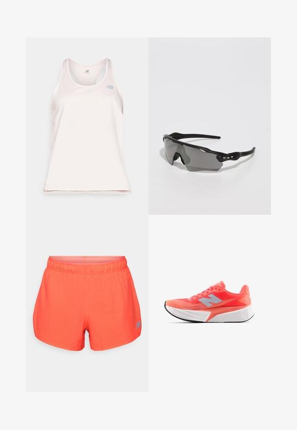 Majica bez rukava u svijetlo ružičastoj boji, s okruglim izrezom, rebrastom teksturom i suptilnim srebrnim logotipom na gornjem lijevom dijelu.; Muške trkačke kratke hlače u svijetloj koralj boji, izrađene od prozračnog materijala s perforiranom teksturom. Imaju elastičnu tajicu i plavi logo kao naglasak.; Lagana trkačka cipela u svijetloj koralnoj boji s gornjim dijelom od mrežastog materijala i srebrnim logotipom. Izrazito teksturirani bijeli međuslojevi i crna gumena potplata.; Crne sportske sunčane naočale s elegantnim dizajnom, leće koje se obavijaju oko glave, sivi tonirani stakla i teksturirane crne nogice. Nema vidljivih logotipa.