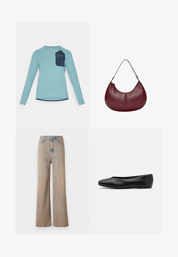 Langsleeve shirt van lichtblauwe textuurstof. Beschikt over een marineblauwe pocket met branding. Ronde halslijn en ontwerp met afgeronde zoom.; Lichtgekleurde wijde jeans met een hoge taille, gemaakt van denim. Voorzien van subtiele stiksels en vijf zakken, met een licht vervaagde textuur.; Paul Smith TOPANGA - Ballerina's - black; Bordeaux leren handtas met een gebogen vorm. Voorzien van een enkele schouderband en een bovenrits, met een gladde, getextureerde oppervlakte.