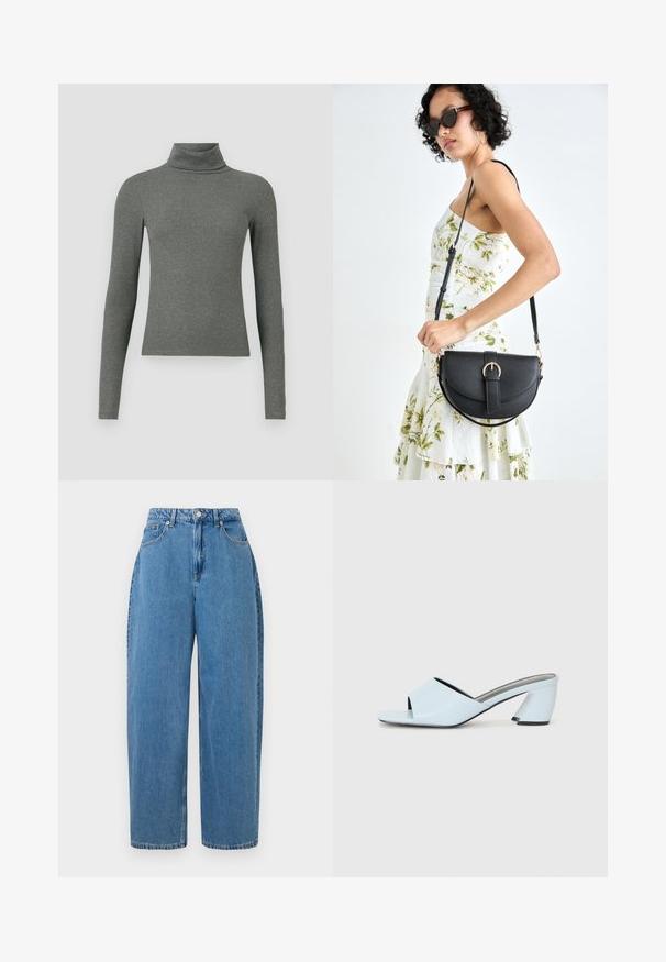 Top gri, cu maneci lungi si guler inalt, fabricat dintr-un material moale, cu o textura ribbita, avand un design ajustat.; Pantaloni din denim de culoare bleu deschis, cu croială dreaptă, talie înaltă și închidere prin nasture frontal. Au cinci buzunare și detalii din cusături minime.; Muli cu toc deschis la culoare, de un albastru deschis, cu vârf deschis și un design geometric, având o curea lata peste picior și un toc masiv, unghiular.; Geantă din piele neagră, cu o formă curbată, curea detașabilă și accesorii aurii. Geanta are un capac cu un detaliu tip cataramă.