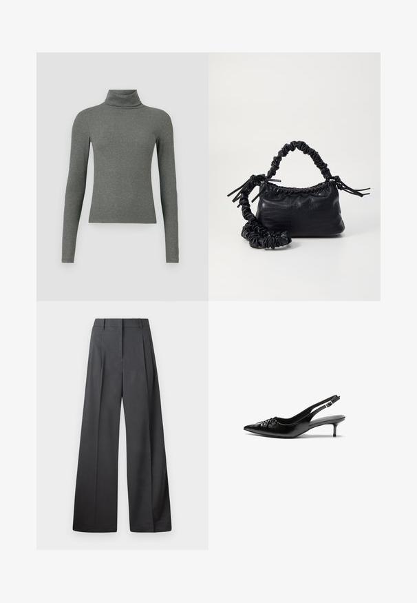 Szürke, hosszú ujjas garbó felső, puha bordás anyagból készült, illeszkedő dizájnnal és magas gallérral.; Széles szárú nadrág sötétszürke anyagból, magas derekú, egyes redőkkel, sima textúrával és tiszta befejezéssel a szegélyeken.; Fekete bőrből készült slingback magassarkú cipők hegyes orral, kis francia sarokkal és díszes csomóval az elején. Az egész felületen sima textúra.; Fekete műbőr kézi táska krokodil bőr textúrával, összehúzható tetejű és gyűrt pánttal. Lágy és kompakt dizájnúnak tűnik.