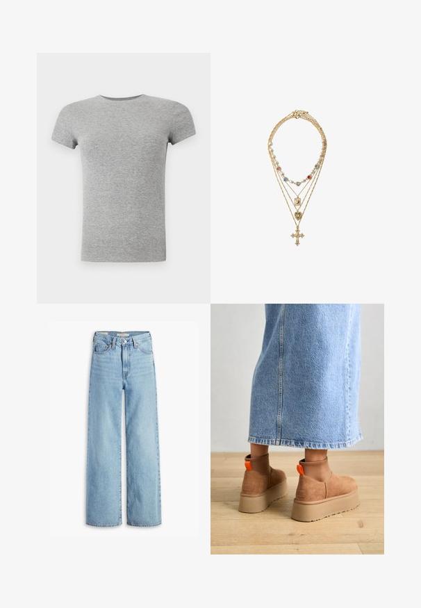 Graues Kurzarm-T-Shirt aus Rippstoff mit Rundhalsausschnitt. Es hat eine taillierte Passform und eine glatte Textur, die sich gut für die Freizeit eignet.; Hochgeschnittene, hellblaue Schlagjeans mit Frontknopf und Reißverschluss, Gürtelschlaufen und fünf Taschen.; Braune Wildleder-Plateau-Stiefel mit elastischen Seitenpaneelen und orangen Zuglaschen, kombiniert mit einem knielangen hellen Jeansrock auf einem Holzboden.; Goldfarbene Schichtenkette mit verschiedenen Perlen und farbigen Edelsteinen als Akzenten, detaillierten Anhängern in Form von Kreuz und Herz.