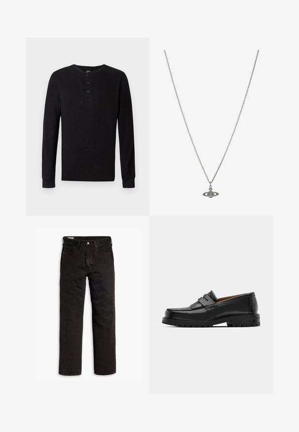 Svart långärmad henley-tröja med en treknappsplacket vid halsen, mjuk textur och ribbade manschetter, med en klassisk passform och minimalistisk design.; Svarta raka denimjeans med fem fickor, knappstängning och bälteshällor, liggande plant på en vit bakgrund.; Svarta läderloafers har en upphöjd söm, två dekorativa remmar på ovansidan och en tjock texturerad sula för ökat grepp.; Silverkedja med hängsmycke i form av en planet, prydd med små detaljer och intrikata mönster.