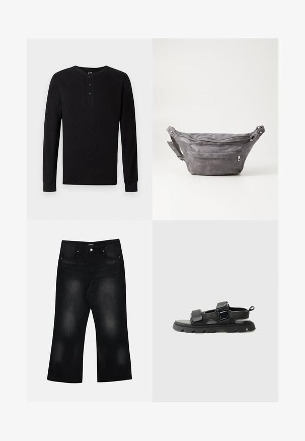 Must värviline pika varrukaga henley särk, millel on kolmepaneelne nööpide rida kaela juures, pehme tekstuur ja soonikkoes varrukad, klassikalise lõike ja minimaliseeritud disainiga.; Mustad laiade säärega teksad, mis on valmistatud denimist, koos kahe esipocketi, peene hägususe ja nupuga sulgemisega vööl.; Mustad sandaalid tekstureeritud kangast pealsega, laiad rihmad, metallist kinnituse aktsendid ja paks kummist tallaga, millel on lõhkumismuster.; Hallikate nahast vöö kott, millel on ümar kuju, kaks tõmblukuga taskut ning reguleeritav rihm. Varustatud metallist detailide aktsentidega.