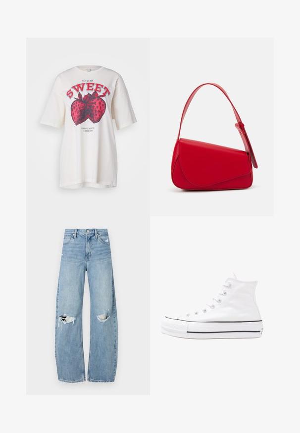 Balts kokvilnas T-krekls ar lielu sarkanu zemeņu grafiku un tekstu "ĻOTI SALDS". Brīva piegriezuma ar īsām piedurknēm un apaļu kakla izgriezumu.; Gaiši zili, augstās vidukļa džinsi, kas izgatavoti no denima. Iespējas plašas kājas, divas plēstas ceļa daļas un klasiskā piecu kabatu dizains.; Balti augstie kanvas sporta apavi ar melnu gumijas zoli, priekšējo gumijas purngalu un sešām acīm lencēm, kuriem ir tīrs, minimālistisks dizains.; Sarkans ādas rokassomi ar stūrainu, ģeometrisku dizainu. Iekļauj vienu regulējamu siksnu un vāku ar izšūtu detaļu.
