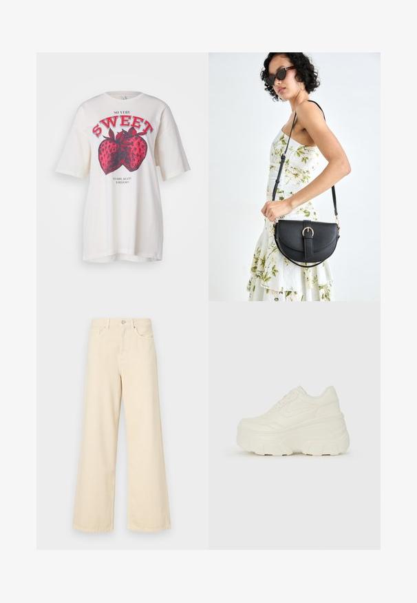 Bijela pamučna majica s velikim grafičkim uzorkom crvene jagode i natpisom "SO VERY SWEET". Opušteni kroj s kratkim rukavima i okruglim izrezom.; Bež traperice širokih nogavica napravljene od pamuka. Imaju zatvaranje na dugme, petlje za remen i prednje džepove s glatkom, mekanom teksturom.; Bijele platformske tenisice s glatkim gornjim dijelom koji nalikuje koži, zaobljenim oblikom, podstavljenim okvirom i teksturiranim gumeni potplat s definiranom profilacijom.; Crna kožna torba s lukovitim oblikom, odvojivim remenom i zlatnim detaljima. Torba ima preklop s kopčom.