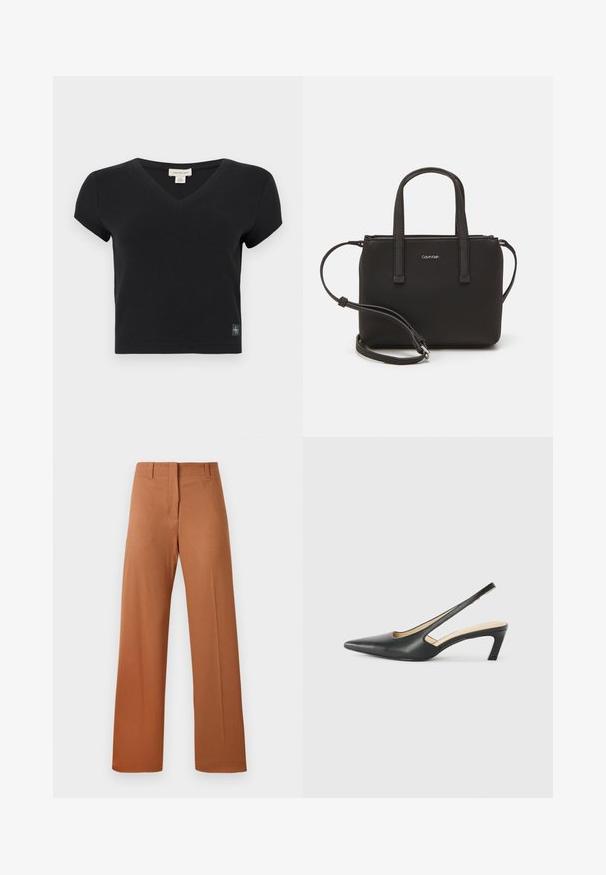 Camiseta negra de manga corta y escote en V, fabricada en tejido acanalado. Cuenta con una pequeña etiqueta de marca en la parte inferior izquierda. Diseño simple y ajustado.; Pantalones de pierna ancha en una rica tela marrón, con una textura suave, cintura regular con bucles para cinturón y detalles de pliegues en la parte delantera.; Zapato negro de punta afilada tipo slingback con un tacón bajo, que presenta un material de cuero suave y un diseño recortado en el lateral para mayor transpirabilidad.; Bolso de mano negro con dos asas cortas y una correa de hombro removible. Material suave tipo cuero con cierre de cremallera y detalle del logo.