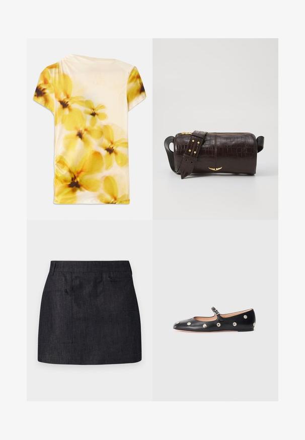 Lühikese varrukaga särk pehmest kangast, millel on udune lillemuster kollaste ja kreemjate toonidega, ühe külje peal on kerge volang.; Tume denim seelik sirge lõikega, millel on kaks esipocketit ja peen tekstuur. Puhtad servad ja standardne vöökoht.; Must naar mustast valmistatud Mary Jane lamedad jalanõud, ümarate varvastega, hõbedaste ümmarguste nupukestega ja reguleeritava rihmaga, millel on klamber.; Pruunist krokodillimustrist nahast kott, millel on silindri kuju, kuldse tooni metalldetailid ja eemaldatav rihm, kus on nupud.; Hõbedased kõrvarõngad, millel on ümmargune rõngas, kaunistatud sädelevate kividega ja tilgakujuline pärlpendant. Erakordne disain keerukate aktsentidega.