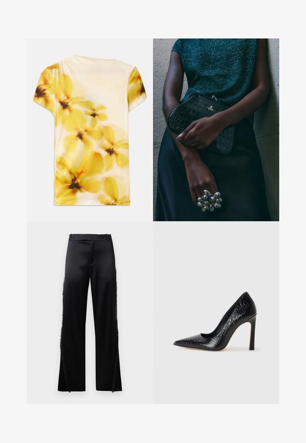 Lyhythihainen paita, joka on valmistettu pehmeästä kankaasta, jossa on blurred kukkakuosi keltaisissa ja kermaisissa sävyissä, ja lievää rypytystä toisella puolella.; Musta satiinifarkut leveillä lahkeilla, joissa on fringed yksityiskohtia sivusaumojen varrella ja tasainen vyötärönauha edessä. Takana pelkistetty ilme ilman taskuja.; Musta kapea nilkkakorkokenkä krokotiilin nahkakuviolla, joka on varustettu tyylikkäällä muotoilulla, korkealla stiletto-korkealla ja sileällä mustalla sisäosalla.; Musta krokotiilihäntäinen penaali, jossa on hopeiset yksityiskohdat, pidetään teksturoitua harmaata taustaa vasten. Pintamateriaali kiiltävä.