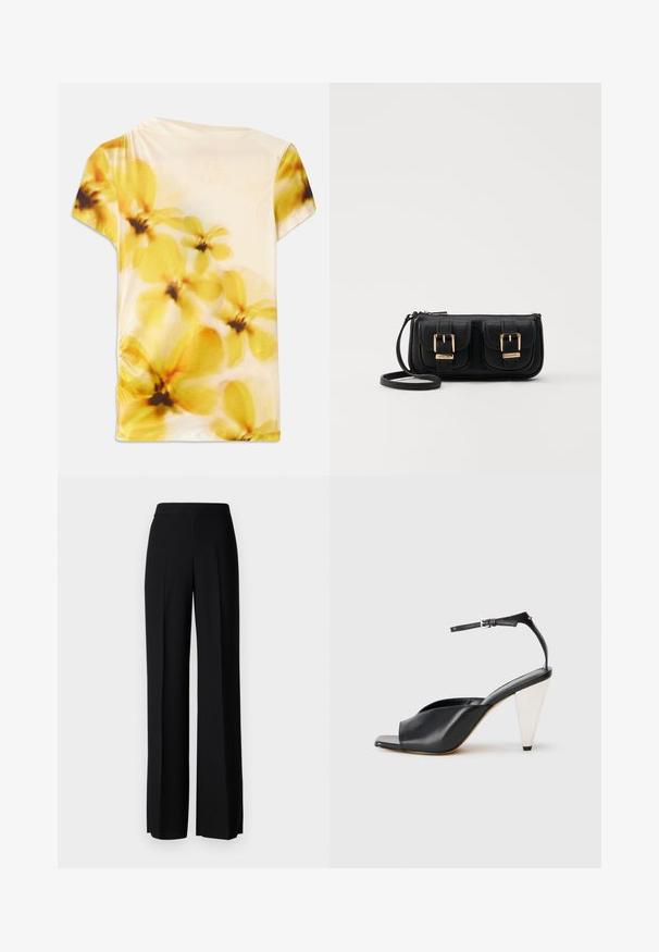 Short-sleeve top with a soft fabric featuring a blurred floral design in yellow and cream tones, with slight gathering on one side.; Black wide-leg trousers with a smooth texture, featuring a high waistband and center pleats. No visible patterns or hardware details.; Black leather high heel sandal with open toe, asymmetrical design, ankle strap, and a metallic cone-shaped heel. Smooth texture throughout.; Black leather crossbody bag with two front pockets, gold buckles, zipper closure, and a slim strap. Textured surface and compact rectangular shape.