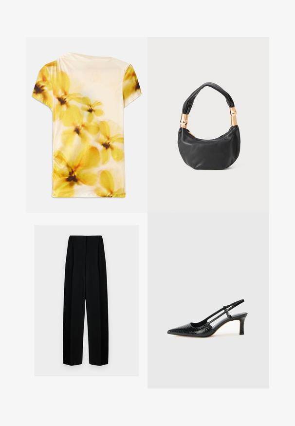 Trumpas rankovės marškinėliai iš minkštos medžiagos su neryškiu gėlių raštu geltonais ir kreminiais atspalviais, šiek tiek susiraukšlėti viename šone.; Juodos plačios kelnės su aukštu liemeniu, su klostėmis ir glotnia tekstūra. Medžiaga atrodo lengva ir dailiai krenta.; Juodai lakuoti slingback aukštakulniai su smailiu nosiu, su tekstūruotu gyvatės raštu, reguliuojama juosta ir trumpu, tekstūruotu blokiniu kulnu.; Juodas odinis rankinukas apvalios formos, minkštos tekstūros su susietu rankena ir auksinės spalvos detalėmis. Užtrauktuko uždarymas.