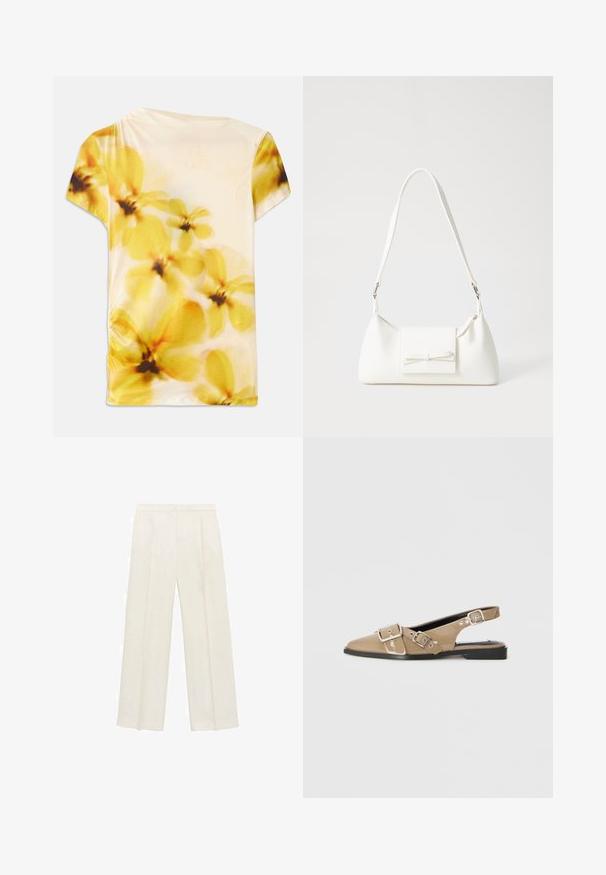 Top cu mânecă scurtă dintr-un material moale, având un design floral estompat în nuanțe de galben și crem, cu ușoare plisuri pe o parte.; Pantaloni cu picioare largi, de culoare crem deschis. Realizați dintr-un material neted, cu plisuri în față și buzunare laterale.; Pantofi slingback bej din piele lacuită, cu vârful ascuțit, două catarame ajustabile și un toc mic negru. Textură netedă cu un finisaj lucios.; Geantă sintetică albă, cu formă triangulară, capac frontal plat și detaliu cu fundă, curea ajustabilă, textură netedă și design minimalist.