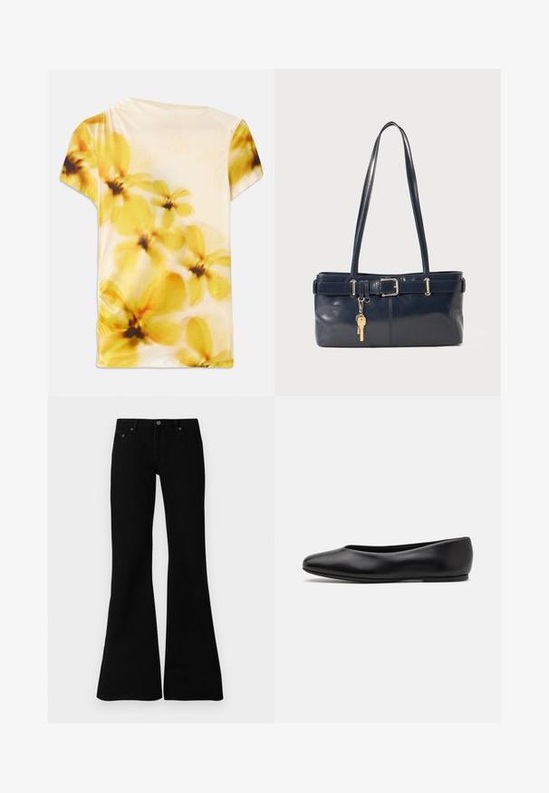 Kortærmet top i blødt materiale med et sløret blomsterdesign i gule og cremefarvede nuancer, med let samling på den ene side.; Sorte flagrende jeans lavet af denim, med et klassisk fem-lomme design, knaplukning og subtile syninger langs sømmene.; Paul Smith TOPANGA - Ballerinasko - black; Mørkeblå læderhåndtaske med to lange håndtag, en spænde detaljer og en nøglering vedhæftet. Den har en glat tekstur og en rektangulær form.