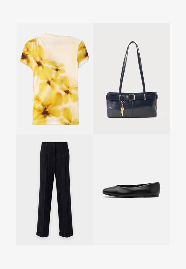 Kurzarmshirt aus weichem Stoff mit einem verschwommenen Blumenmuster in Gelb- und Cremetönen, mit leichter Raffung auf einer Seite.; Schwarz gestreifte Hose mit tailliertem Schnitt, mit einem umgeschlagenen Saum und vorderen Falten. Hergestellt aus glattem Stoff mit einer strukturierten Gestaltung.; Paul Smith TOPANGA - Klassischer Ballerina - black; Marineblaue Lederhandtasche mit zwei langen Griffen, einer Schnallen-Detailierung und einem daran befestigten Schlüsselanhänger. Besitzt eine glatte Textur und eine rechteckige Form.