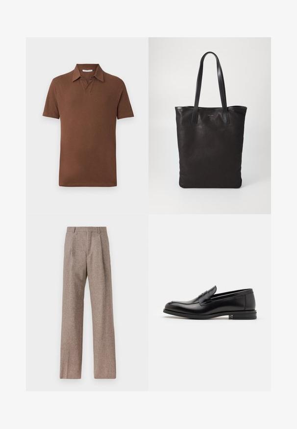 Ruda polo marškinėliai, trumpomis rankovėmis, pagaminti iš minkštos medžiagos. Turi klasikį apykaklę ir laisvą siluetą su švariu apvadų. Be raštų ar dekoracijų.; Rudos, aukšto liemens kelnes, pagamintas iš tekstūruotos medžiagos. Plati kojos, dvi priekinės klostės struktūrai. Tvarkingas apdailos darbai, be matomų detalių.; Juodos odinės loafers, turinčios lygų paviršių, apvalią noselę ir dekoratyvinę juostą per priekinę dalį. Žemas krentantis kulnas, minimalistinis dizainas.; Juodas drobės pirkinių maišelis su juodais odiniais rankenomis. Paprastas dizainas, erdvus kūnas ir lygus paviršius. Nėra matomų logotipų ar raštų.