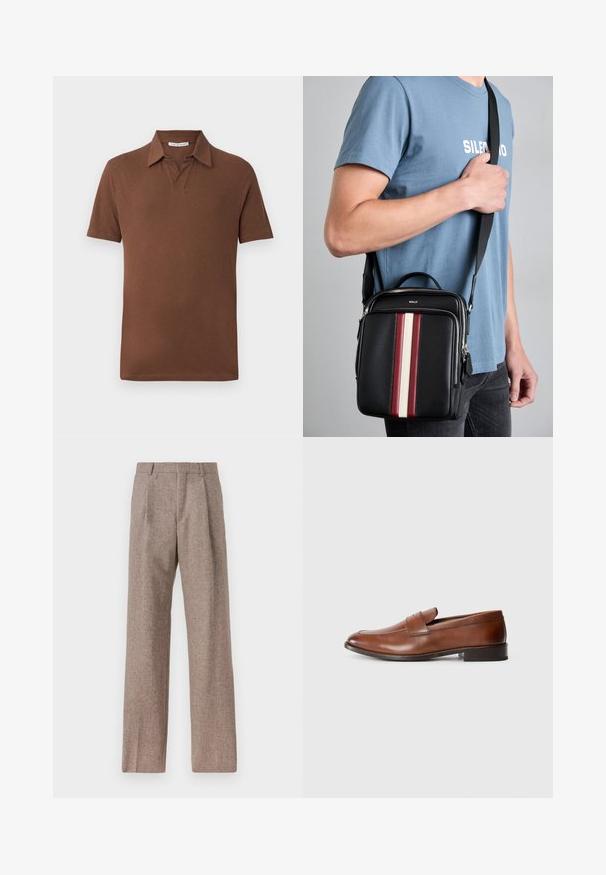 Camisola polo castanha, de mangas curtas, feita de um tecido suave. Apresenta um colarinho clássico e um corte descontraído com uma bainha limpa. Sem padrões ou detalhes.; Calças castanhas de cintura alta feitas de tecido texturado. Apresentam pernas largas e duas pregas frontais para estrutura. Acabamento cuidadoso sem hardware visível.; Mocassins de pele castanha com bico arredondado, costura mínima e um pequeno salto quadrado. Apresenta uma tira decorativa à volta do peito do pé.; Mala de ombro em couro preto com riscas verticais em vermelho, branco e bege. Apresenta uma pega no topo e uma alça ajustável. Fecho com zíper visível.