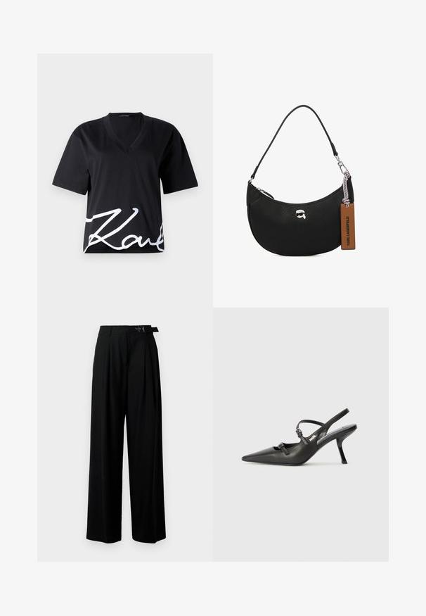 Juodas V-kaklo marškinėlis, pagamintas iš švelnaus audinio, turi trumpas rankoves ir didelį baltą parašą apatinėje priekinėje dalyje.; Juodos plačios kojų kelnės su aukštu liemeniu, priekinėmis klostėmis ir diržu su sagtimi. Pagamintos iš lygaus, lengvo audinio.; Juodi odiniai slingback kulniukai su smailiu pirštu, siauru kulnu ir dekoratyvine sagtimi viršuje. Lygus paviršius ir elegantiškas dizainas.; Juodas odinis rankinės su grublėta tekstūra, išlinkusia forma, viršutiniu užtrauktuku, sidabrinėmis detalėmis ir rudąja etiketė. Pabrėžtas logotipo akcentas.
