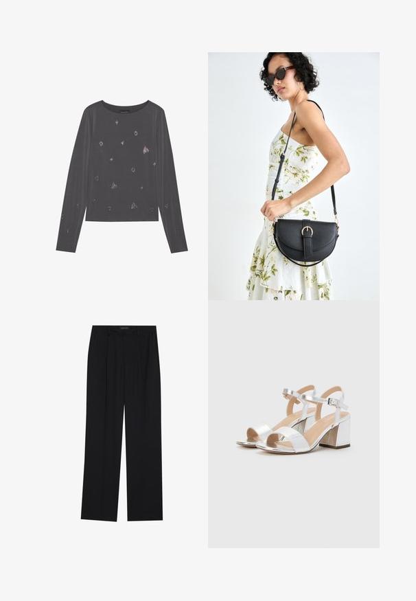 Grå långärmad skjorta med rund halsringning, prydd med spridda metalliska detaljer och en slät yta.; Svarta byxor med rak passform, som har två framfickor och midjeband. Tillverkade av ett mjukt, lätt tyg.; Silverfärgade högklackade sandaler med öppen tå, med två breda remmar och en rund blockklack. Slät textur med metallisk finish.; Svart läderhandväska med en böjd form, avtagbar rem och guldiga detaljer. Väskan har ett lock med en spänndetalj.