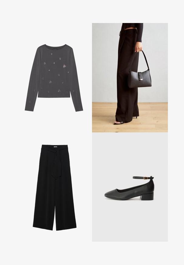 Cămașă gri cu mânecă lungă, cu decolteu rotund, având detalii metalice răspândite și o textură netedă.; Pantaloni largi negri dintr-un material texturat, cu un tiv elastic și o panglică detașabilă la talie pentru un fit ajustabil.; Pantof cu toc negru din piele, cu vârf ascuțit și toc mic pătrat. Dispune de o curea la gleznă cu o cataramă în tonuri de aur. Textură netedă.; Genți negre cu o formă structurată, textură netedă și un închizător metalic. Asortată cu pantaloni negri largi și sandale cu vârf deschis pe un podea din lemn.