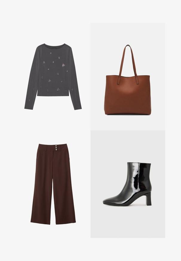 Šedá dlouhá rukávová košile s kulatým výstřihem, zdobená rozptýlenými kovovými detaily a hladkou texturou.; Hnědé kalhoty s širokými nohavicemi vyrobené z hladké látky, s dvěma bočními kapsami a pasem se třemi dekorativními knoflíky.; Černé lakované kotníkové boty s špičatou špičkou a středně vysokým blokovým podpatkem. Hladká textura a minimalistický design.; Hnědá kožená taška přes rameno s hladkou texturou, otevřeným designem a dvěma ramenními popruhy. Obsahuje minimální švy a žádné viditelné kovové prvky.