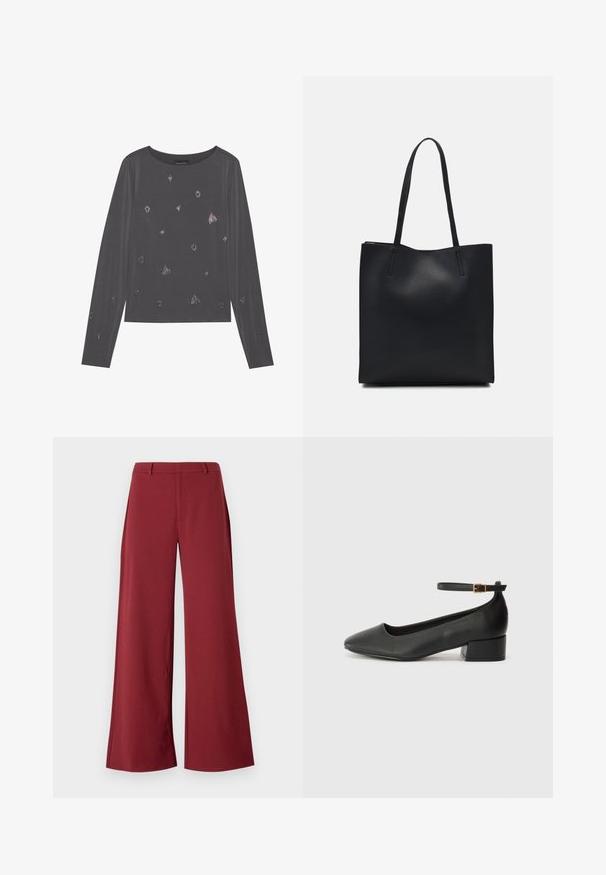 Gray long-sleeve shirt with a round neckline, featuring scattered metallic details and a smooth texture.; Wide-leg trousers in a deep burgundy color. Made from a smooth, stretchy fabric with tailored seams and a front zip closure.; Black leather pump with a pointed toe and a low block heel. Features an ankle strap with a gold-tone buckle. Smooth texture.; Black leather tote bag with smooth texture, rectangular shape, and two long handles. No visible hardware or embellishments.