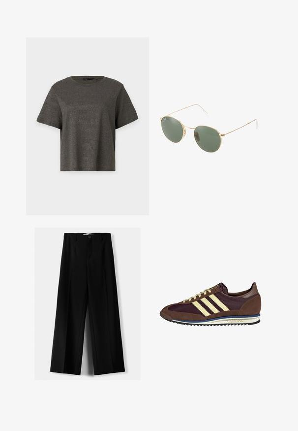 Kratkoročni, temno sivi T-majici z rahlim metalnim sijajem, kroja s krožnim izrezom in ohlapnim fitom. Gladka tekstura brez vidnih vzorcev ali okraskov.; Črne široke hlače iz lahkega materiala, z zapiranjem na gumb spredaj in ravnim sprednjim delom, s skrbno zašiti robovi.; Rjavi in rdeče-burgundske teniske iz usnja in mrežastega materiala, ki imajo tri smetane stripe, teksturirano blago na jeziku in gumijast podplat.; Zlate sončne očala z zelenimi lečami, okrogle oblike, tanke ročice in bele plastične podrobnosti na konicah ročic.