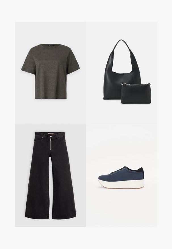 Lyhythihainen, tummanharmaa T-paita, jossa on hienovarainen metallinhohto, pyöreä kaula-aukko ja väljä malli. Sujuva pinta, jossa ei ole näkyviä kuvioita tai yksityiskohtia.; Mustat leveälahkeiset farkut, joissa on vetoketjufrunti, viisi-taskuinen muotoilu ja hienovaraiset ompelusyyt. Sileä pinta ja rento tyyli.; Sotilaspunainen tennari, jossa on teksturoitu kangasyläosa, valkoinen alustan pohja, pyöreä kärki ja musta kantapääkorostus. Varustettu kuudella nyörille tarkoitetulla reikällä.; Even&Odd Käsilaukku - black