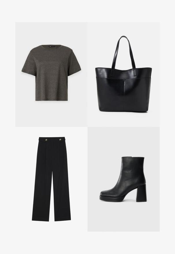 T-shirt de manga curta, cinza escuro, com um brilho metálico subtil, decote redondo e corte solto. Textura suave sem padrões ou detalhes visíveis.; Calças largas pretas com cintura alta, detalhes em botão na cintura e pregas frontais.; Bota de couro preta até ao tornozelo com salto bloco e sola com plataforma, vista de lado sobre um fundo branco liso.; Bolsa tote preta em couro com duas alças longas, textura suave e forma estruturada. Apresenta um bolso frontal para armazenamento adicional.
