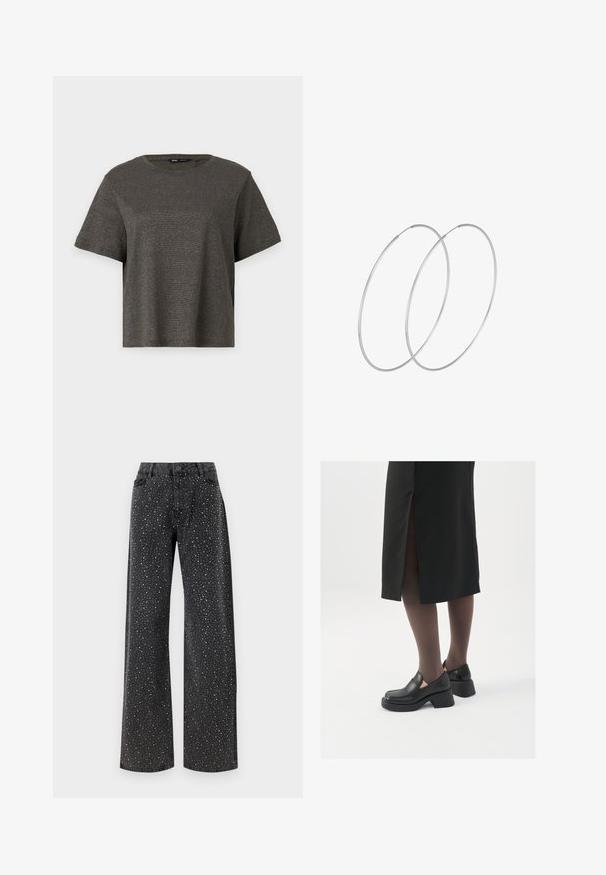 Īsām piedurkņu tumšās pelēkas T-krekls ar maigu metāla spīdumu, apaļas kakla izgriezums un brīvs piegriezums. Gluda tekstūra bez redzamām raksta vai akcentiem.; Noisy May NMJANNEL LOOSE - Brīva piegriezuma džinsi - black denim; Melni ādas apavi ar noapaļotu purngalu, biezām bloku papēžiem un elastīgiem sānu akcentiem, apvienoti ar tumšām zeķubiksēm un melnu svārku ar šķirbu.; Sudraba gredzenveida auskari ar minimālistisku dizainu. Cirkulāra forma, gluda tekstūra un plāns profils. Vieglu svaru ar spīdīgu apdari.