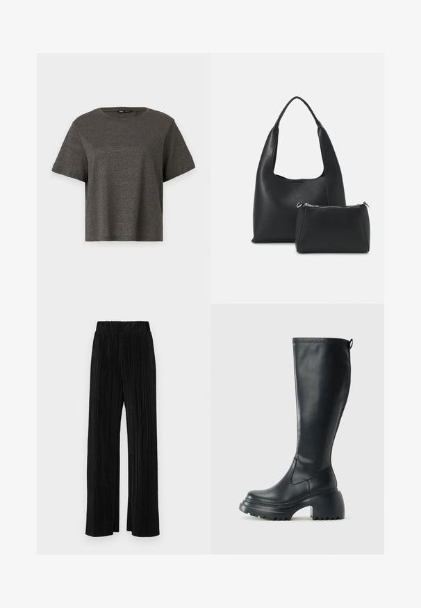 T-shirt de manga curta, cinza escuro, com um brilho metálico subtil, decote redondo e corte solto. Textura suave sem padrões ou detalhes visíveis.; Calças pregueadas pretas com uma cintura elástica. Apresentam pernas largas e um tecido liso, texturizado com riscas verticais.; Bota preta de couro alta com sola de plataforma robusta e salto bloco, apresentando puxador e padrão texturizado na sola.; Even&Odd Mala de mão - black