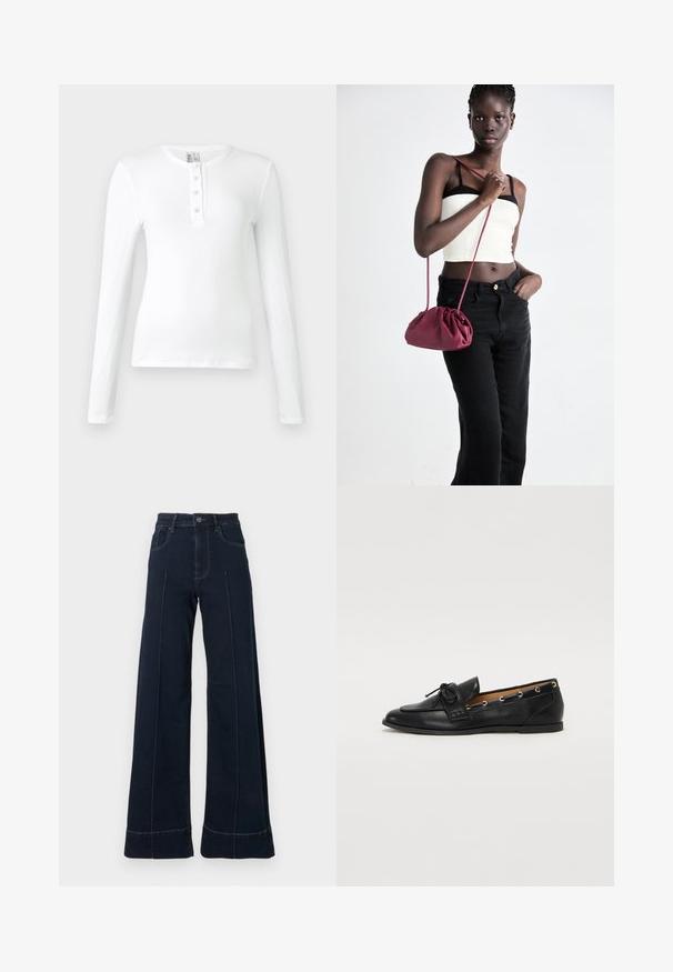 Fehér, hosszú ujjú bordázott felső, henley nyakkal, három gombbal. Sima textúra és testhezálló dizájn.; Sötétkék, bőszárú farmernadrág magas derékkal, elülső zsebekkel és látható varrásokkal. Simaságú denim szövetből készült.; Fekete bőr lófarok cipők, megkötött masnival, arany szemcsés díszítéssel az oldalán és lapos gumitalppal. Simaság, klasszikus dizájn.; Burgundy puha anyagú kézitáska, ráncolt dizájnnal és hosszú pánttal, keresztben hordva. A modellen fehér rövid top és fekete farmer van.