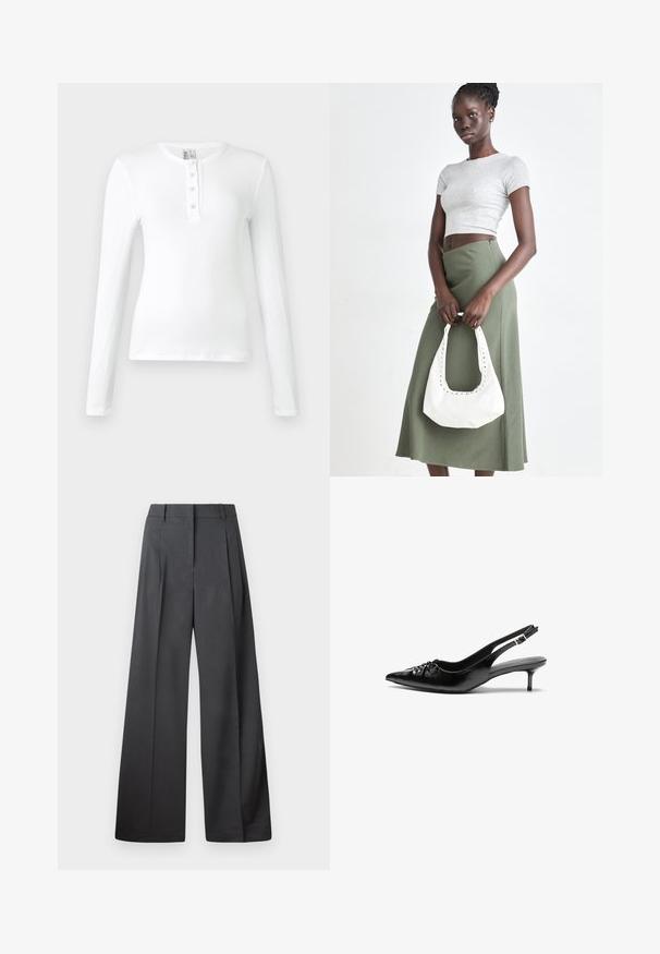 Fehér, hosszú ujjú bordázott felső, henley nyakkal, három gombbal. Sima textúra és testhezálló dizájn.; Széles szárú nadrág sötétszürke anyagból, magas derekú, egyes redőkkel, sima textúrával és tiszta befejezéssel a szegélyeken.; Fekete bőrből készült slingback magassarkú cipők hegyes orral, kis francia sarokkal és díszes csomóval az elején. Az egész felületen sima textúra.; Szürke bordázott cropped top és olajzöld, magas derékú szoknya. A modellen egy fehér válltáska van, amely kivágott részletekkel rendelkezik. Egyszerű dizájn, testhezálló sziluett.