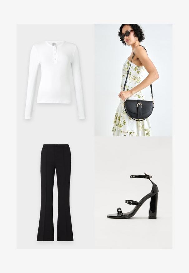 Hvit langermet ribbestrikket topp med henley-hals og tre knapper. Glatt tekstur og tettsittende design.; Sorte flagrende bukser laget av glatt stoff, med en tettsittende midje, front sømdetaljer og en lett flare som begynner fra kneet.; Svarte høyhælte sandaler i lakk med to spennestraps, firkantet tå og en tykk blokkhæl, med en glatt, blank tekstur.; Svart lærveske med en buet form, avtagbar stropp og gullbeslag. Vesken har et klaff med spenne-detall.