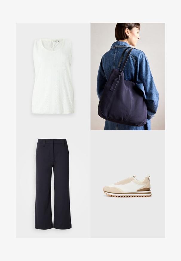 White sleeveless top featuring a round neckline, textured fabric with patterned eyelets, and a small keyhole detail at the back.; Wide-leg trousers in dark navy fabric. Features a flat front, belt loops, and side pockets. The material is smooth with a slight stretch.; Beige and white low-top sneaker with textured sole and pull tab at heel, displayed on a plain light background, side view.; Navy canvas shoulder bag with a soft, structured shape, featuring a black strap, stitched detailing, and a small brand tag.
