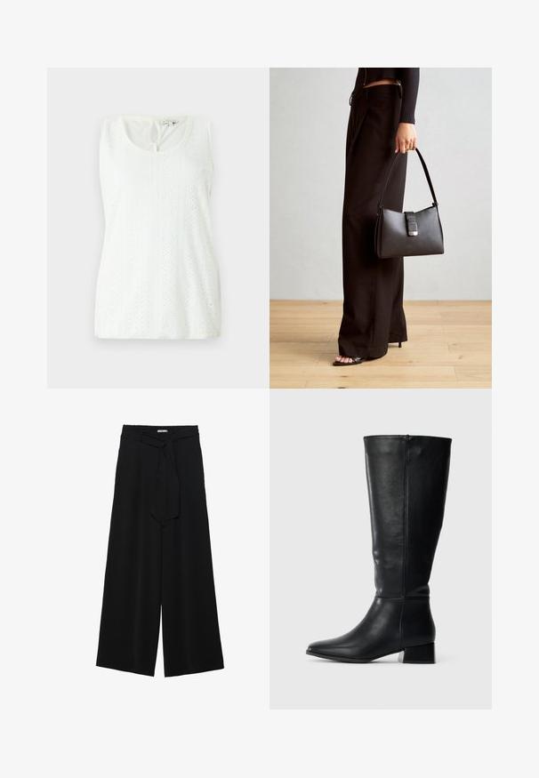 Bílý bezrukávový top s kulatým výstřihem, strukturovanou tkaninou s vzorovanými průstřihy a malým otvorem na zádech.; Černé kalhoty s širokými nohavicemi, vyrobené z texturované tkaniny, s elastickým pasem a odnímatelným páskem na úpravu velikosti.; Černá kožená vysoká bota po kolena s nízkým blokovým podpatkem a špičatou špičkou, zobrazená z boku na obyčejném světlém pozadí.; Černá kabelka se strukturovaným tvarem, hladkým povrchem a kovovým uzávěrem. Kombinována s širokými černými kalhotami a sandály s otevřenou špičkou na dřevěné podlaze.