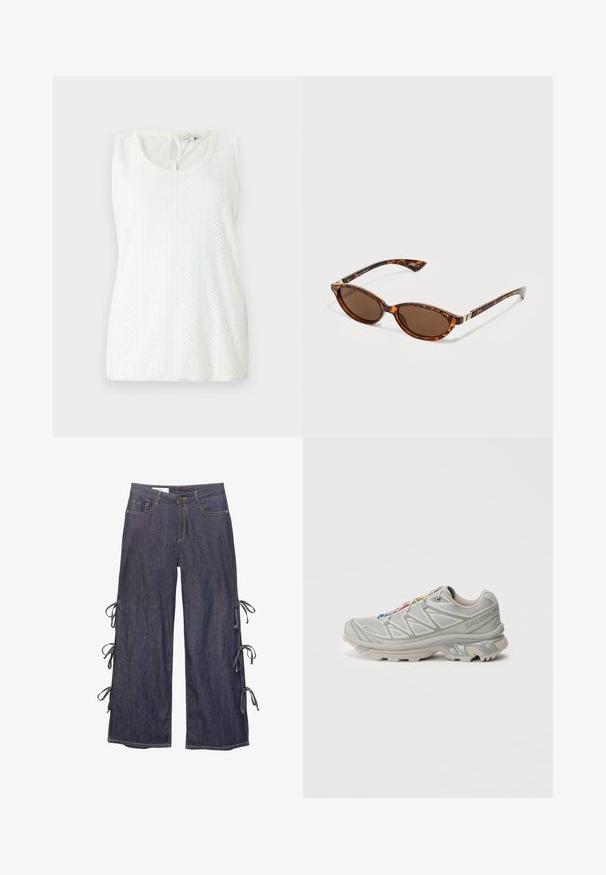 Bijela bezrukavna majica s rundastim izrezom, teksturirano tkanje s uzorkom rupica i malim prorezom na leđima.; Tamne široke traperice tamnoplave boje s bočnim vezicama i kopčanjem na dugme. Ima prednje džepove i opušteni siluetu.; Svijetlo siva atletska cipela s teksturiranim mrežastim gornjim dijelom, reflektirajućim detaljima, izraženim potplatom i šarenim vezicama. Ima potporni dizajn.; Suncobrani od kornjačevine s ovalnim lećama, smeškanim staklom, tankim drškama i zlatnim metalnim detaljima blizu zapešća.