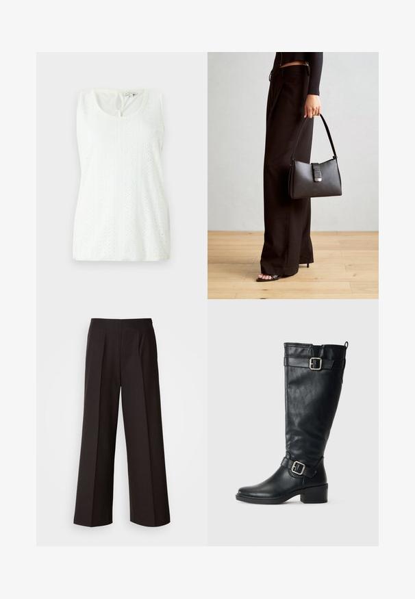 Top sin mangas blanco con escote redondo, tejido texturizado con ojales decorativos y un pequeño detalle de ojal en la parte posterior.; Pantalones de pierna ancha negros con un frente plano, pliegues y una textura de tela suave. Presentan una cintura alta y un corte ajustado para un ajuste estructurado.; Bota alta de cuero negro con tacón bajo, hebillas decorativas cerca del tobillo y en la parte superior, y una cinta en la parte trasera.; Bolso negro con forma estructurada, textura suave y un cierre metálico. Combinado con pantalones anchos negros y sandalias de dedo en un suelo de madera.