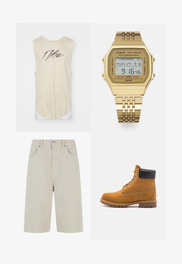 Nike Performance ICON - Linne - team gold/white/black; Beige denimshorts med rak skärning, framknäppning och fyra fickor. Tyget har en jämn textur och minimal sömdetalj.; Tan mockasins ankelstövlar med svart vadderad krage, guldmetallöglor, vit sömdekor och slitstöt gummisula med utmärkta mönster.; Guld digital klocka med rektangulär urtavla, stegräknarfunktion, vattentålig och med metallkedja. Visar tid och datum.
