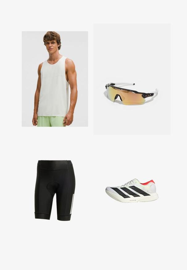 Ung mand iført en ærmeløs hvid sportstop og lysegrønne træningsshorts, stående mod en ensfarvet hvid baggrund.; Sorte cykeltights med polstret sæde, lavet af strækbart stof. Har et slankt design med hvide striber og flade syninger.; Hvide atletiske sko med sorte skråstriber, røde detaljer ved hælen og en tekstureret overdel; har LIGHTSTRIKE PRO dæmpning.; Solbriller med en sort og hvid ramme, store spejllinser i guld- og lyserøde nuancer, aerodynamisk design og en udvidet ydre kant.