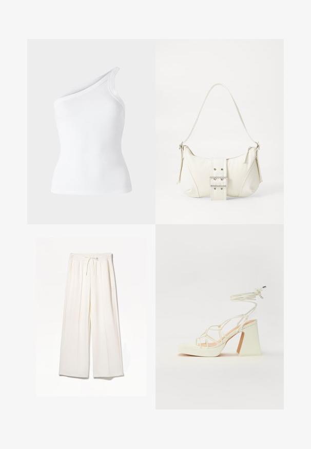 Fehér bordás ujjatlan felső aszimmetrikus, egyvállas kialakítással. Sima textúra, testhez simuló sziluett és tiszta élek.; Fehér, széles szárú nadrág, könnyű anyagból készült, gumis derékkal, húzózsinórral és oldalsó zsebekkel, látható minták nélkül.; Fehér, magassarkú szandál vastag sarokkal, pántos dizájnnal és bokapánttal. Sima textúra, elülső platformmal a megnövelt magasság érdekében.; Fehér válltáska texturált felülettel, középen csattogó részlettel és íves formával. Cipzáras záródás mindkét oldalon.