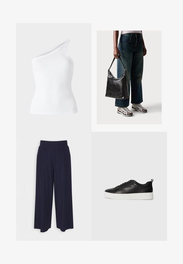 Valkoinen urheilullinen hihaton paita, jossa on epäsymmetrinen yhden olkapään muotoilu. Sujuva pinta, tiukka siluetti ja siistit reunat.; Leve-leggings leve em tecido azul marinho escuro com textura ribbed. Apresenta uma cintura suave e uma silhueta fluida, alcançando o comprimento até a metade da panturrilha.; Musta matala nahka-tennarit mustilla nauhoilla ja valkoisella paksulla kumipohjalla, nähtynä ulkosivulta valkoista taustaa vasten.; Musta nahkainen olkalaukku, jossa on sileä pinta ja säädettävä hihna, yhdistettynä haalistuneisiin leveälahkeisiin farkkuihin ja urheilukenkien kanssa.