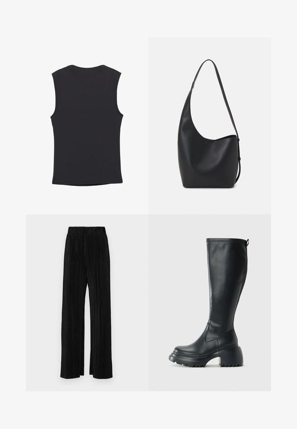 Zwarte mouwloze top van ribstof met een ronde hals, met een gladde textuur en eenvoudig design. Geen patronen of accenten.; Zwarte geplooide broek met een elastische tailleband. Beschikt over wijde pijpen en een glad, gestructureerd stof met verticale strepen.; Hoge zwarte leren laars met een chunky plateauzool en blokhak, voorzien van een trekband en een gestructureerd profiel op de buitenzool.; Zwarte leren hobo tas met een gladde textuur, kromme vorm en een enkele verstelbare schouderband; heeft een brede opening aan de bovenkant.