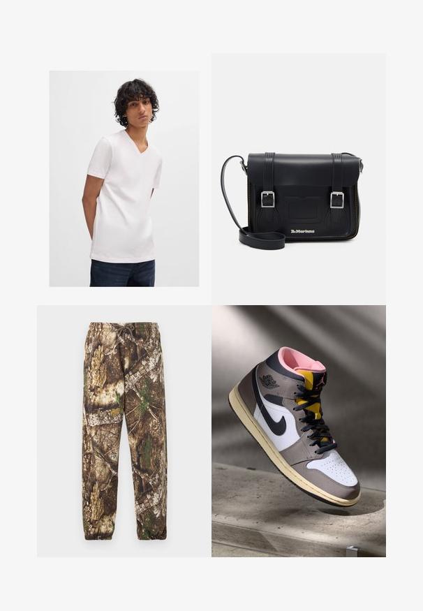 Hvit kortermet V-hals t-skjorte laget av myk, lett stoff, kombinert med mørke denim jeans. Enkel design, uten synlige mønstre.; Kamuflasje joggebukser med et naturlig mønster i brunt og grønt, med elastisk midjebånd med snor og elastiske mansjetter ved anklene.; Høy topp Nike Air Jordan-sneaker i hvit, grå og svart med rosa indre og gul tunge, plassert på en betongoverflate.; Svart lær messenger-veske med sølvspenner, gul søm, justerbar stropp og en frontlomme. Merkevaren er vist på forsiden.