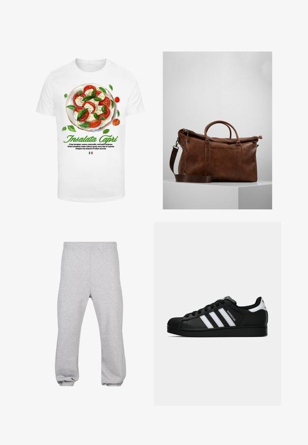 White T-shirt featuring a graphic of a Caprese salad with red tomatoes, white mozzarella, and green basil leaves. Text below describes the dish.; Gray sweatpants made of cotton blend, featuring an elastic waistband, tapered legs, and cuffed hems. Simple design with no patterns.; Black Adidas Superstar sneaker with white stripes, shell toe, and "Superstar" text on side, shown in side profile on white background.; Brown leather duffle bag with a zip closure, double handles, adjustable shoulder strap, and visible texture patterns on the surface.
