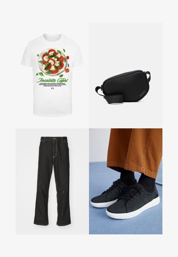Tricou alb cu un grafic al unei salate Caprese, cu roșii roșii, mozzarella albă și frunze verzi de busuioc. Textul de dedesubt descrie preparatul.; Jeans negri din denim, cu o croială largă, cu cusături albe contrastante, închidere cu nasture și un design cu picior drept.; Adidași negri din suede cu talpă din cauciuc albă, cu un design cu șireturi, accente texturate și branding subtil, asortați cu pantaloni maro.; Geantă crossbody neagră, cu fermoar, realizată din material neted, având o formă plată, o singură curea și un accent mic cu logo. Design minimalist.